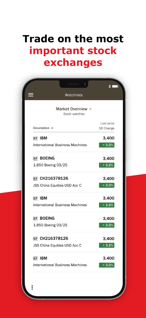 cash-bank zweiplus E-BANKING - Stock trading watchlist in the cash-bank zweiplus E-BANKING app showing a market overview with stocks like IBM and Boeing