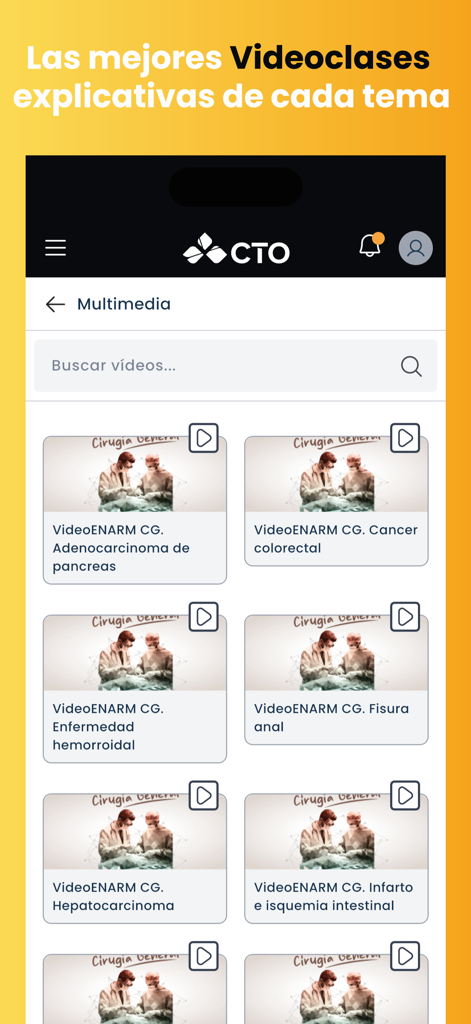 MetaEnarm mobile app screen showing a list of medical video classes for surgery exam preparation.