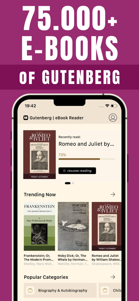 Gutenberg | eBook Reader - Gutenberg eBook Readerアプリのインターフェース。古典文学のタイトルと読書進捗状況を表示。