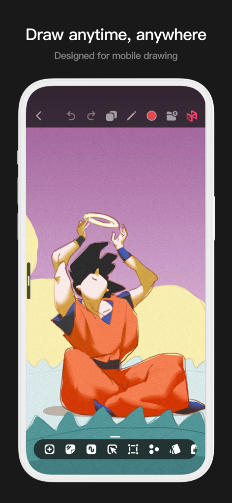 Pofi Brush - Sketch & Paint - A mobile interface for the Pofi Brush app featuring an anime illustration and drawing tools.