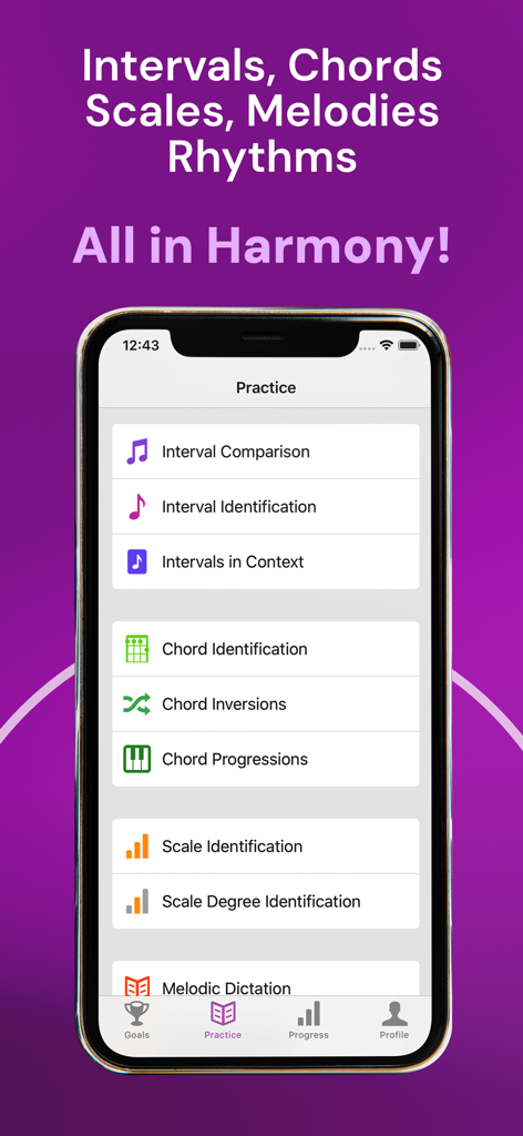 Earpeggio - Earpeggio app practice screen displaying a list of musical ear training exercises including intervals chords and scales