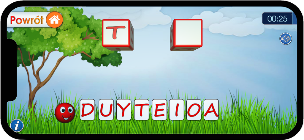 Literki T i D - Pantalla educativa de la aplicación Literki T i D con fichas de letras polacas y un fondo temático de la naturaleza