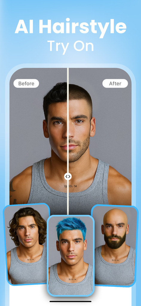 Hair AI: Hairstyle Filter, Cut - Vista a schermo diviso di un uomo che mostra prima e dopo l'uso di un filtro AI per taglio cortissimo con altre opzioni per capelli lunghi blu o calvo