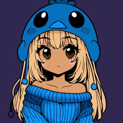 anime girl with chick shaped hat with sweater with bare shoulders with bangs covering them one eye with low tail