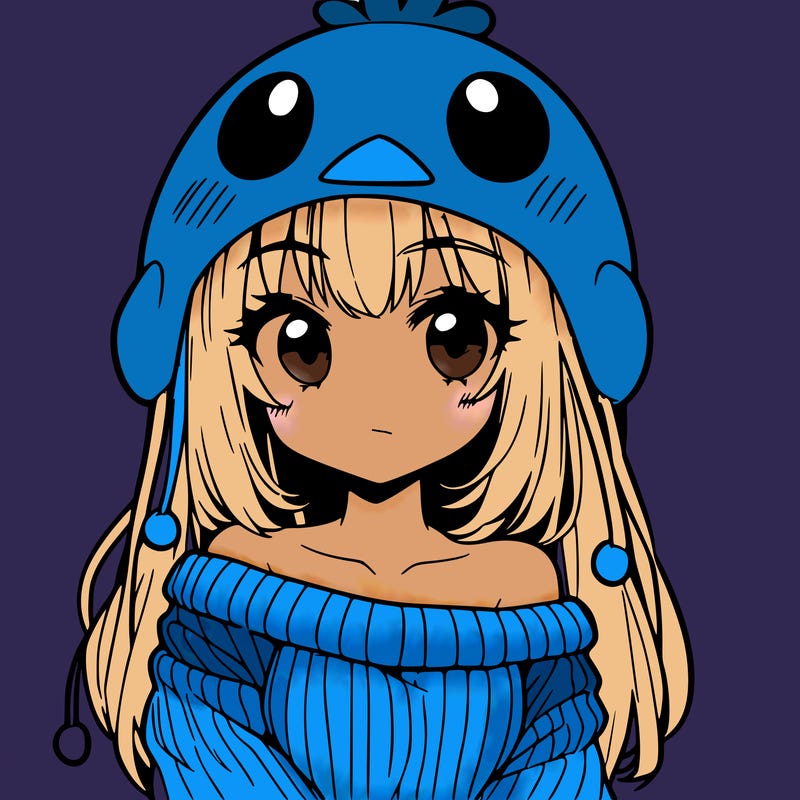 anime girl with chick shaped hat with sweater with bare shoulders with bangs covering them one eye with low tail
