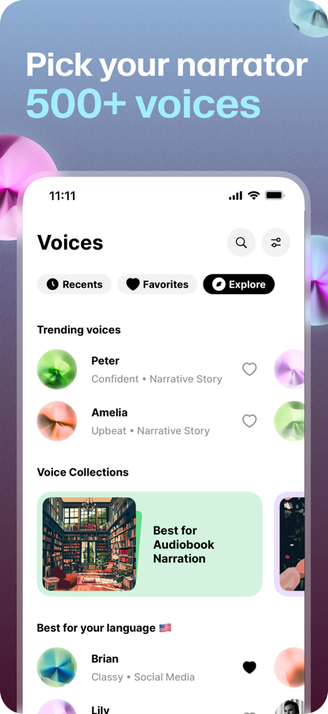 ElevenReader - Read Text Aloud - ElevenReader mobile app interface showing a library of over 500 AI voices for text to speech narration with trending voices and collections