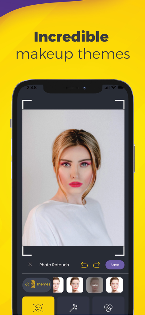 Schermata dell'app di fotoritocco che mostra l'interfaccia per l'applicazione di temi di trucco a un ritratto