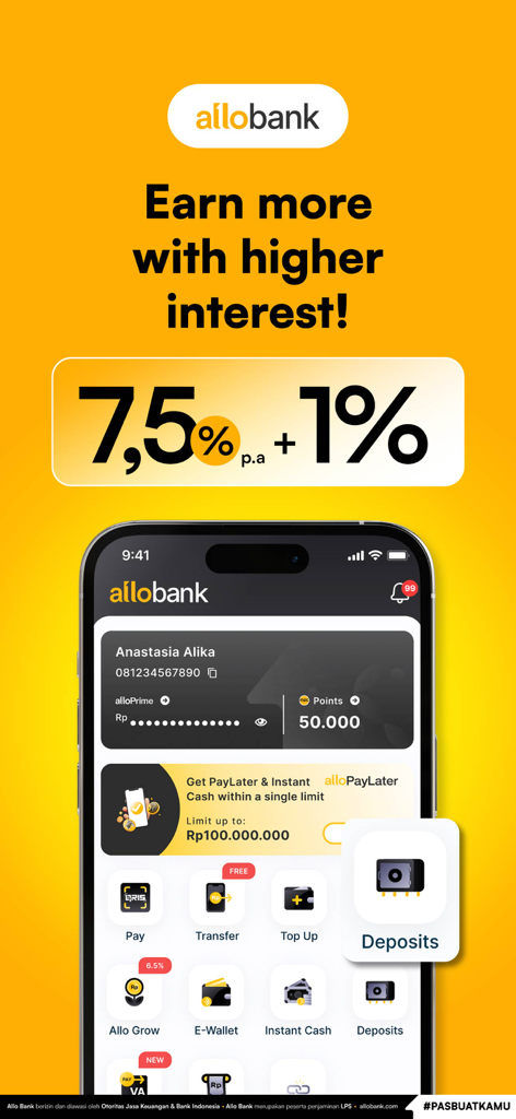 Interfaz de la aplicación móvil Allo Bank mostrando una tasa de interés anual del 7.5 por ciento y un panel de banca digital