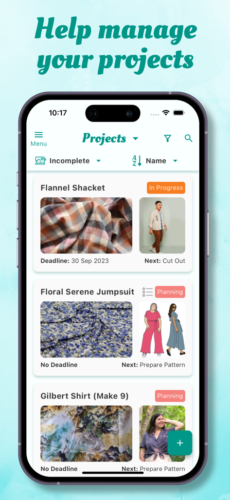 Stash Hub - Stash Hub mobile app interface showing a list of sewing projects with fabric photos and progress status