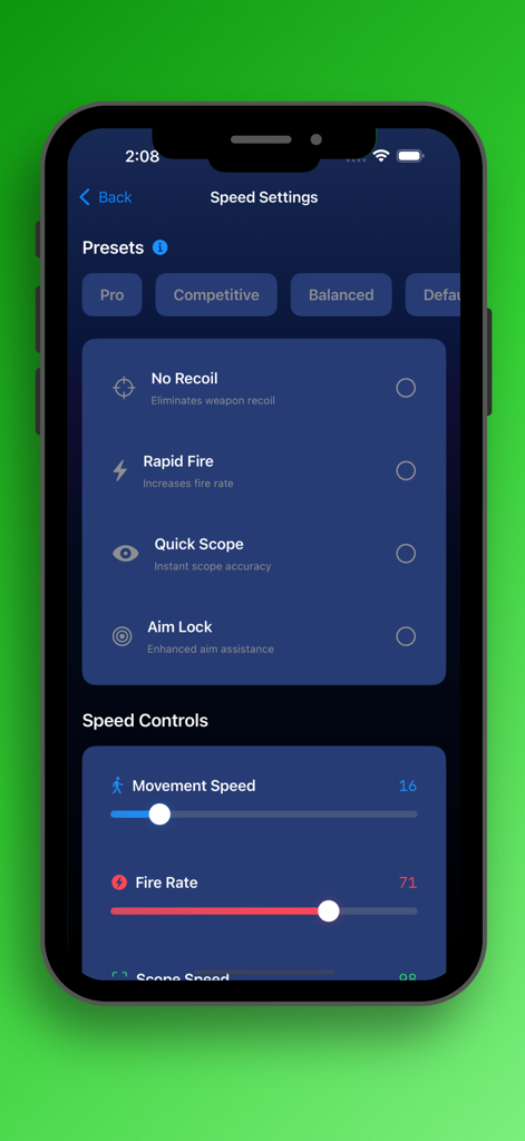 Speed settings interface in the FFH4X Pro app showing gaming presets and sliders for movement and fire rate