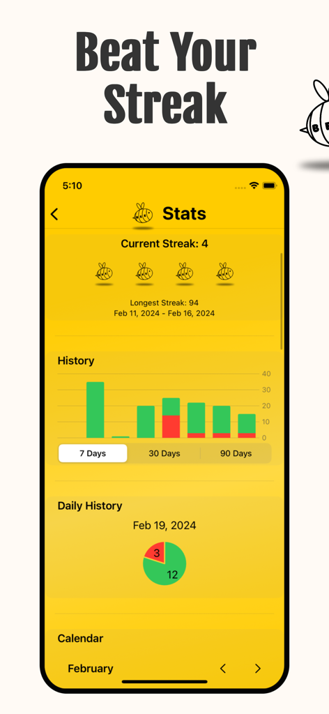 Spelling Bee App: Today's Game - Spelling Bee app statistics screen displaying progress charts and daily streak counter