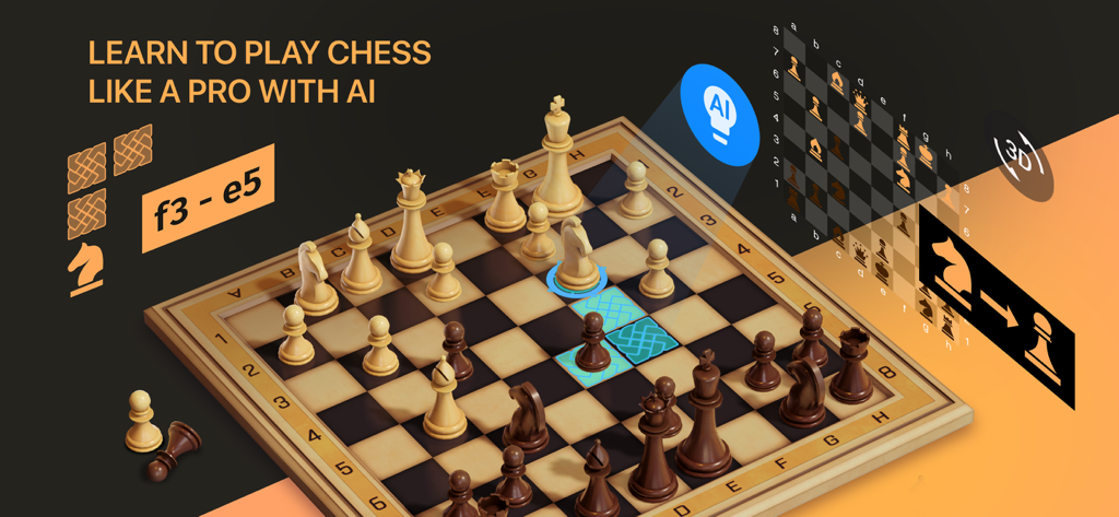 Un tablero de ajedrez 3D con sugerencias de movimientos de IA y una interfaz 2D superpuesta
