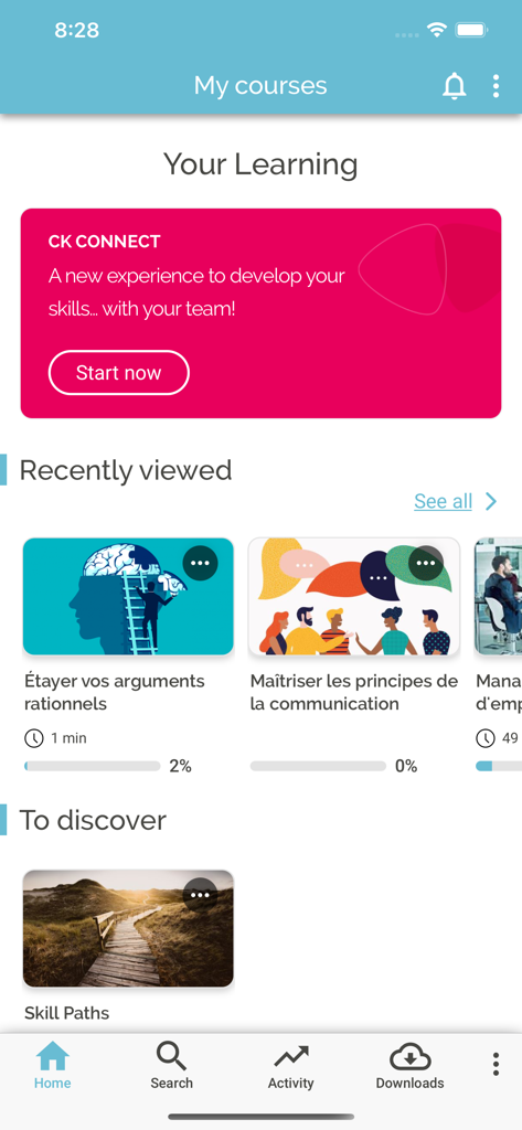 My Learning App - Tableau de bord de My Learning App montrant des cours de développement professionnel et la progression de la formation