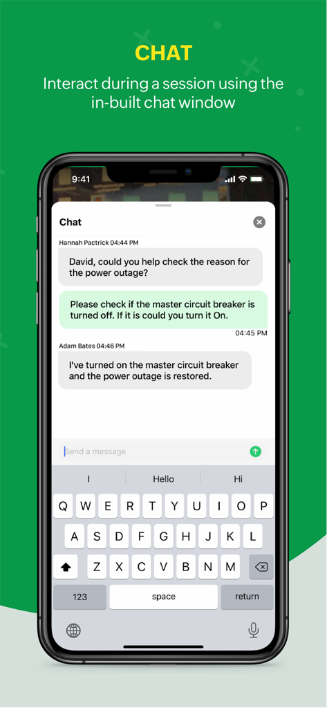 Zoho Lens - Zoho Lensのアプリ内チャットインターフェース、リモートセッション中の技術者と専門家の間の通信を表示