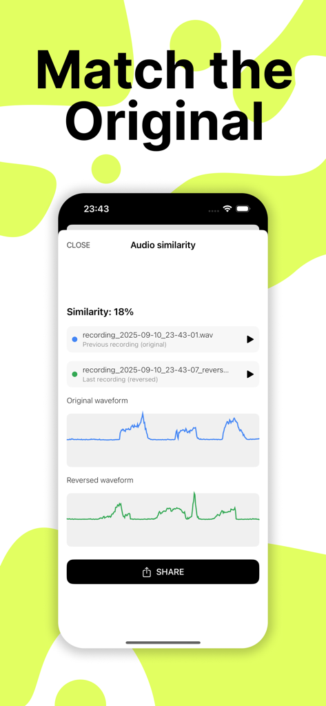 Reverse Audio Game - Interface do Jogo de Áudio Reverso mostrando porcentagem de similaridade de áudio e formas de onda de voz para comparação