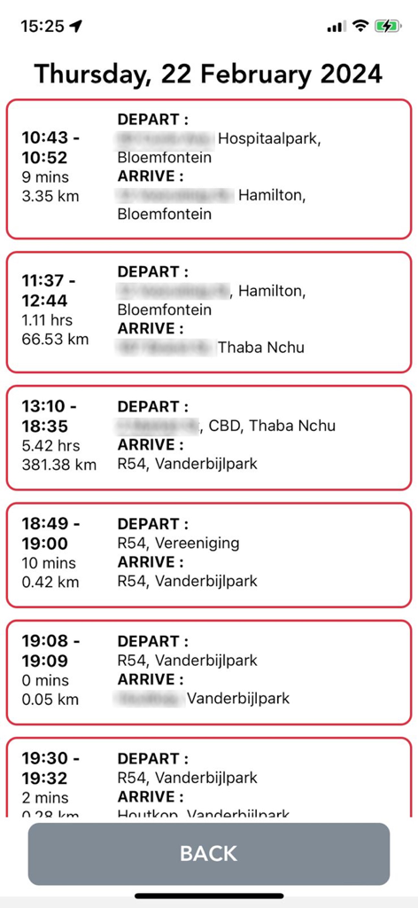 DigitWeb - DigitWeb app screen displaying a daily log of vehicle trips including departure and arrival times, locations, and total distances.