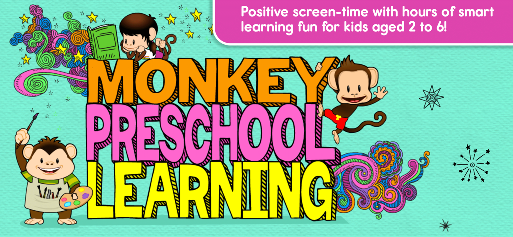 Monkey Preschool Learning - Logotipo de la aplicación Monkey Preschool Learning con monos de dibujos animados y texto colorido para niños de 2 a 6 años.