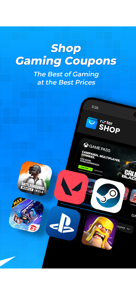 Rooter Shop-Oberfläche mit Gaming-Coupons und Belohnungen für beliebte Titel wie PUBG und PlayStation