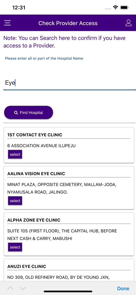 Schermata dell'app Prohealth per la ricerca e la verifica dell'accesso ai fornitori ospedalieri.