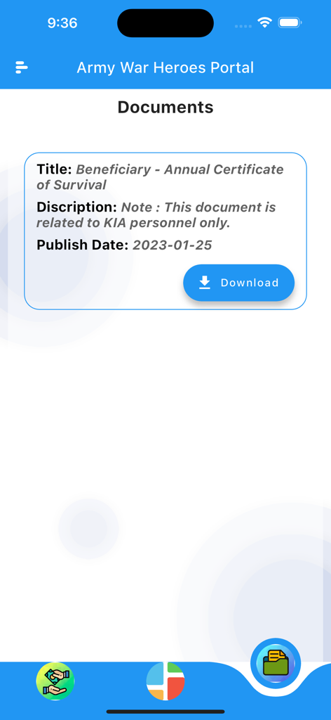 War Heroes e Portal - Documents screen in the War Heroes e Portal app showing a download option for a beneficiary annual certificate of survival.
