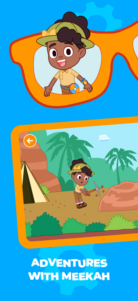 Blippi's Curiosity Club - Personaje Meekah cavando en busca de objetos en un campamento en un juego de aventuras para niños
