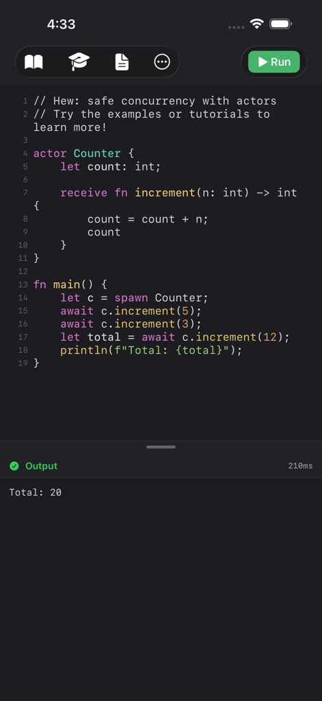 Hew Playground - Hew Playground mobile app code editor displaying an actor-based counter program and execution output.