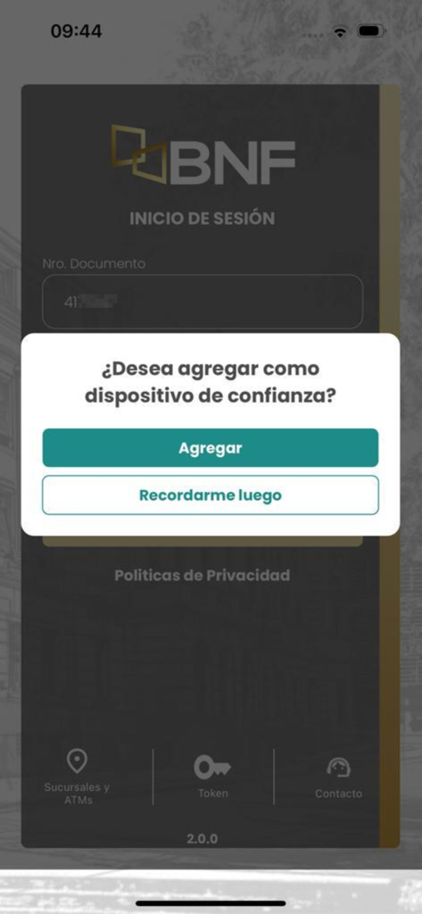BNF Móvil - BNF Movil app login screen featuring a security prompt to register a trusted device