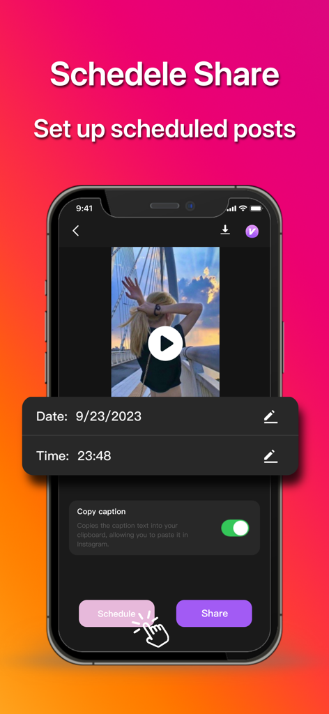 ClipKeep app interface for setting up a scheduled video post with date and time selection