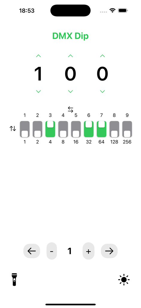 DMX Dip Calc - DMX Dip Calc mobile app interface showing binary dip switch settings for DMX address 100