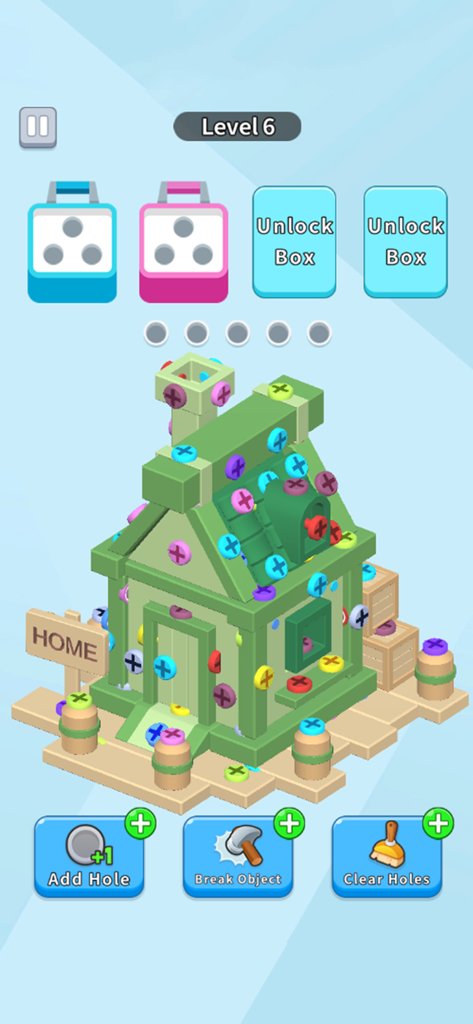 A 3D puzzle gameplay scene where a green house is covered in colorful screws that must be unscrewed.