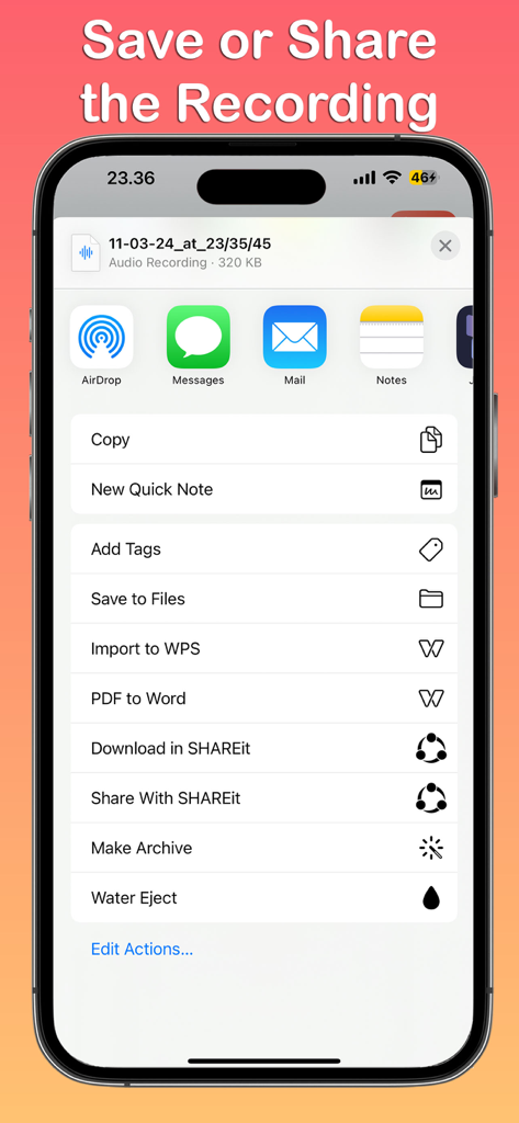 MP3 Recorder - Voice Recording - iPhoneの画面に、ボイスレコーディングの共有シートが表示され、ファイルへの保存やメッセージやメールでの共有オプションがあります。