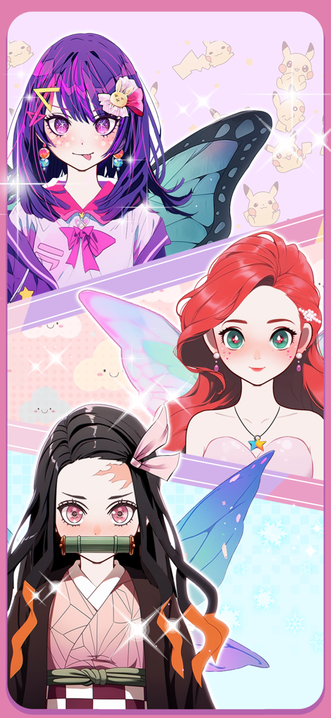 Anime Couple: Avatar Maker - Tres avatares de chicas de anime personalizados con diferentes peinados y alas