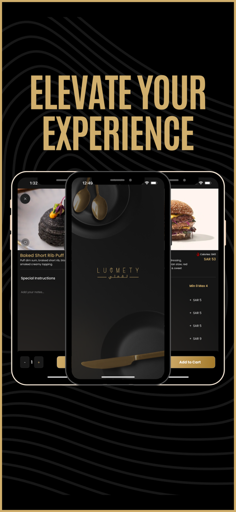 Three mobile phones displaying the Lugmety app interface with gourmet dishes and a premium black and gold design