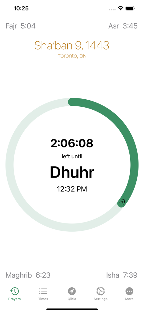 Pray Watch - Interface de l'application Pray Watch affichant le compte à rebours circulaire vert en forme d'anneau de prière