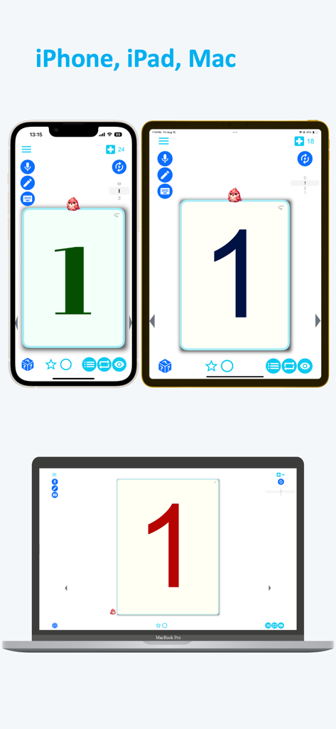 The Emme Hebrew app interface displayed on an iPhone, iPad, and MacBook showing a lesson on numbers.