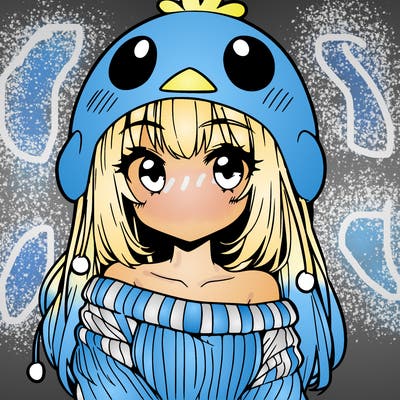 anime girl with chick shaped hat with sweater with bare shoulders with bangs covering them one eye with low tail