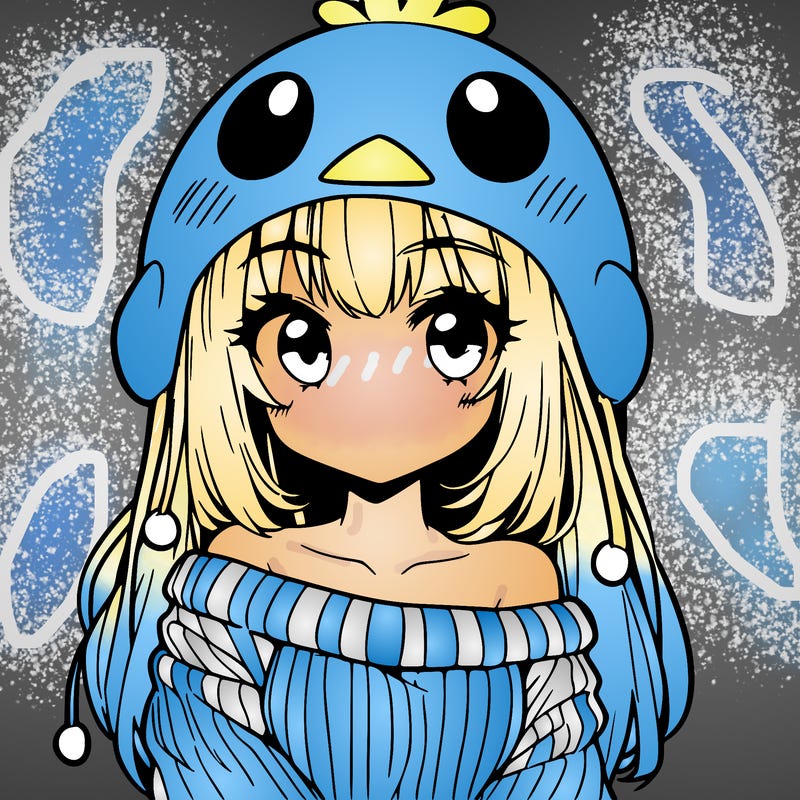 anime girl with chick shaped hat with sweater with bare shoulders with bangs covering them one eye with low tail