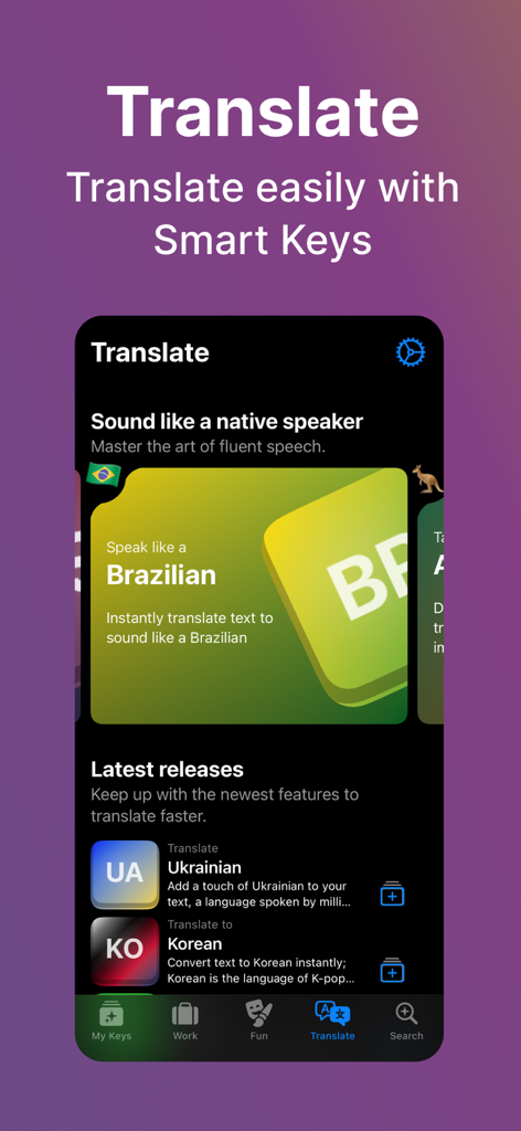 Interfaz de la aplicación Smart Keys que muestra opciones de traducción IA para idiomas brasileño, ucraniano y coreano.