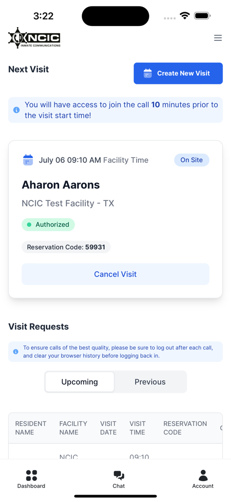 Dashboard of the NCIC Mobile Video Visitation app showing a scheduled inmate video visit and the option to create a new visit.