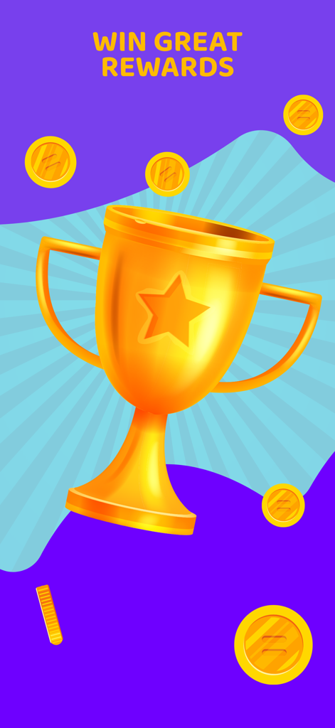 Twin Science: STEM Learning - Eine goldene Trophäe mit einem Stern und Goldmünzen auf lila Hintergrund mit dem Text Gewinne tolle Belohnungen.