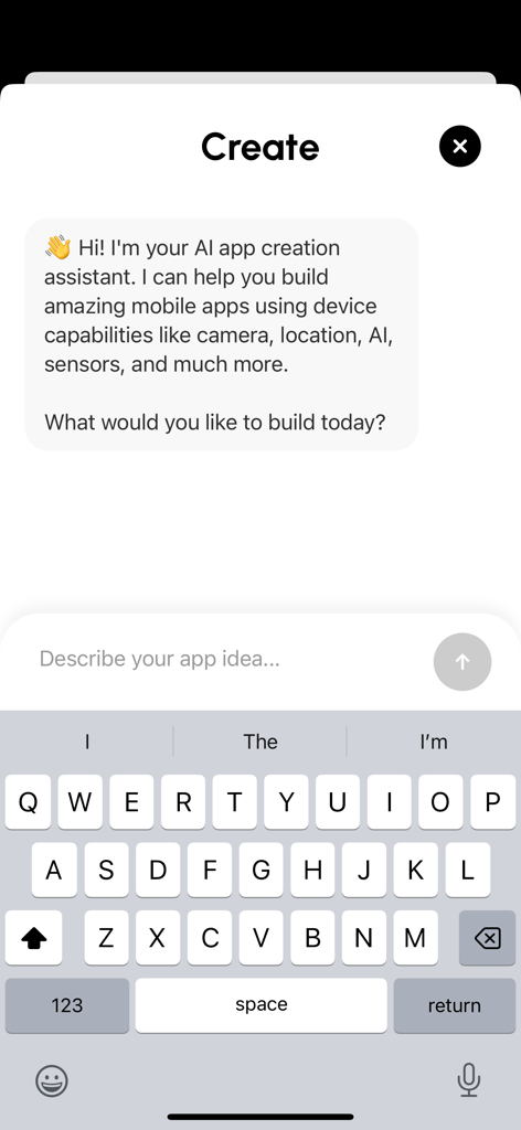 App Factory - AI App Maker - App Factory AI assistant interface for describing mobile app ideas to build.