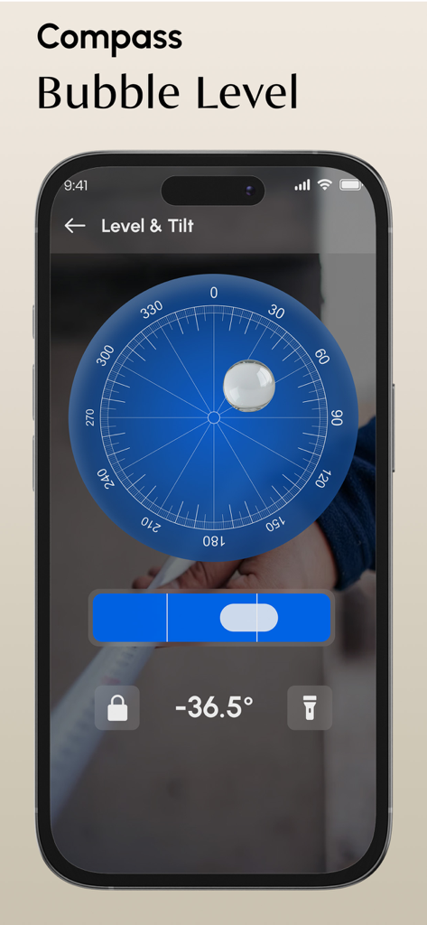 Compass & Location Tracker - Compass and Location Tracker app displaying the bubble level and tilt measurement tool