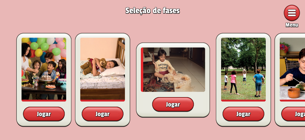 Conto & Reconto - Level selection menu showing photographic cards of everyday activities for social story sequencing