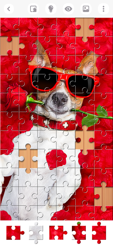 Jigsaw Puzzles Explorer - In-Game-Screenshot eines Puzzles, das einen weißen Hund mit einer roten Sonnenbrille und einer Rose zeigt.