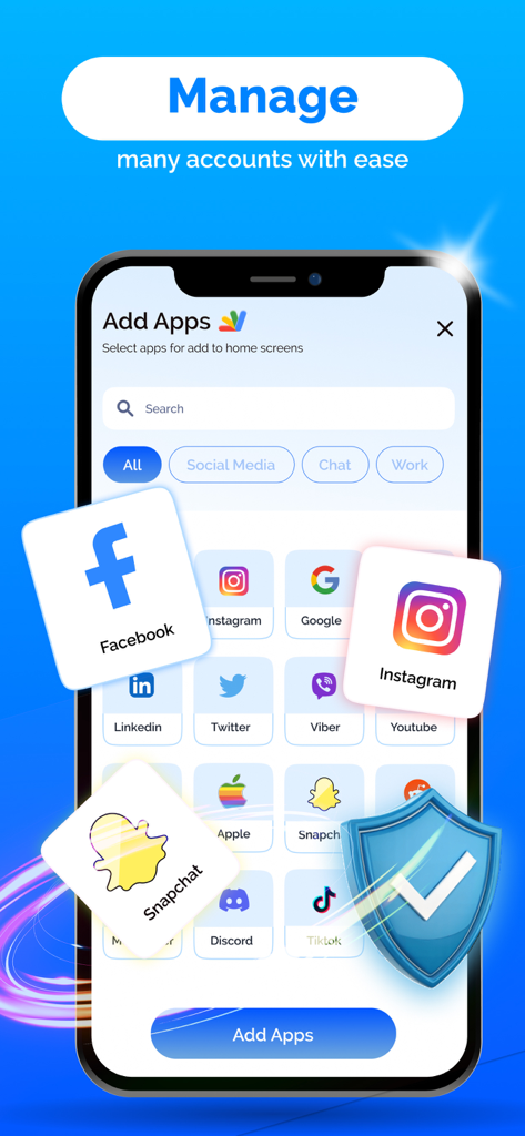 Clone App ~ Multiple Accounts - 1台のデバイスで複数のアカウントを管理するためのソーシャルメディアアイコンのリストを表示するClone Appのインターフェイス