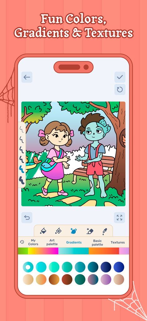 Boo Coloring Book: Cozy Horror - A coloring book app interface featuring a girl and a zombie boy in a park with vibrant color palettes and gradients.