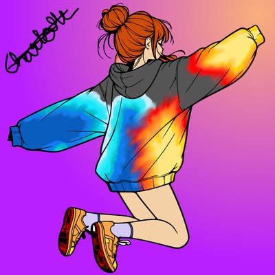 realistic girl jumping with a bun and oversized sweatshirt