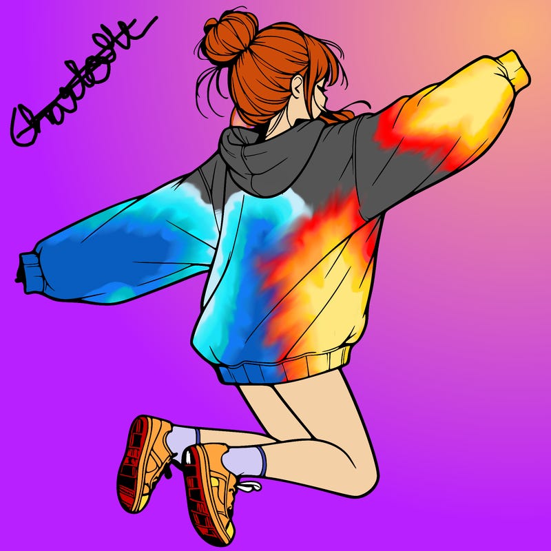 realistic girl jumping with a bun and oversized sweatshirt