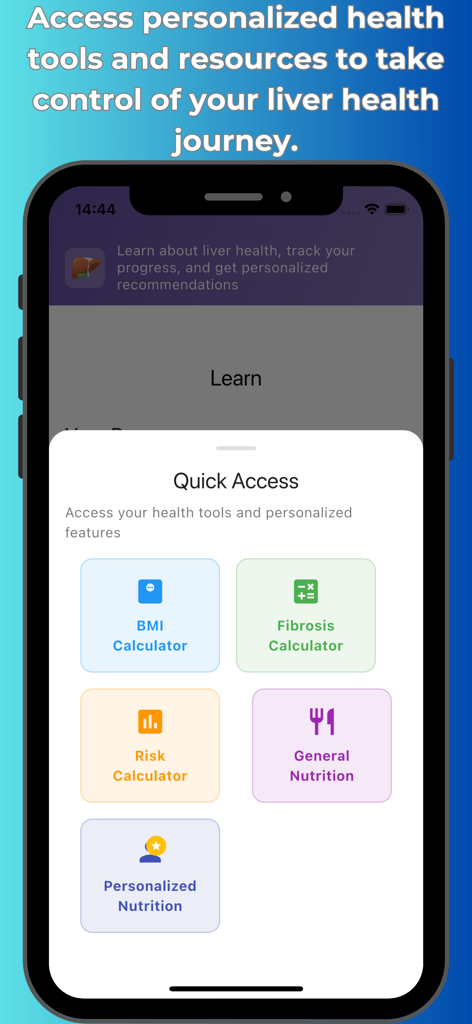 Liver health plus - Liver Health Plus app interface showing quick access buttons for BMI, fibrosis, and risk calculators