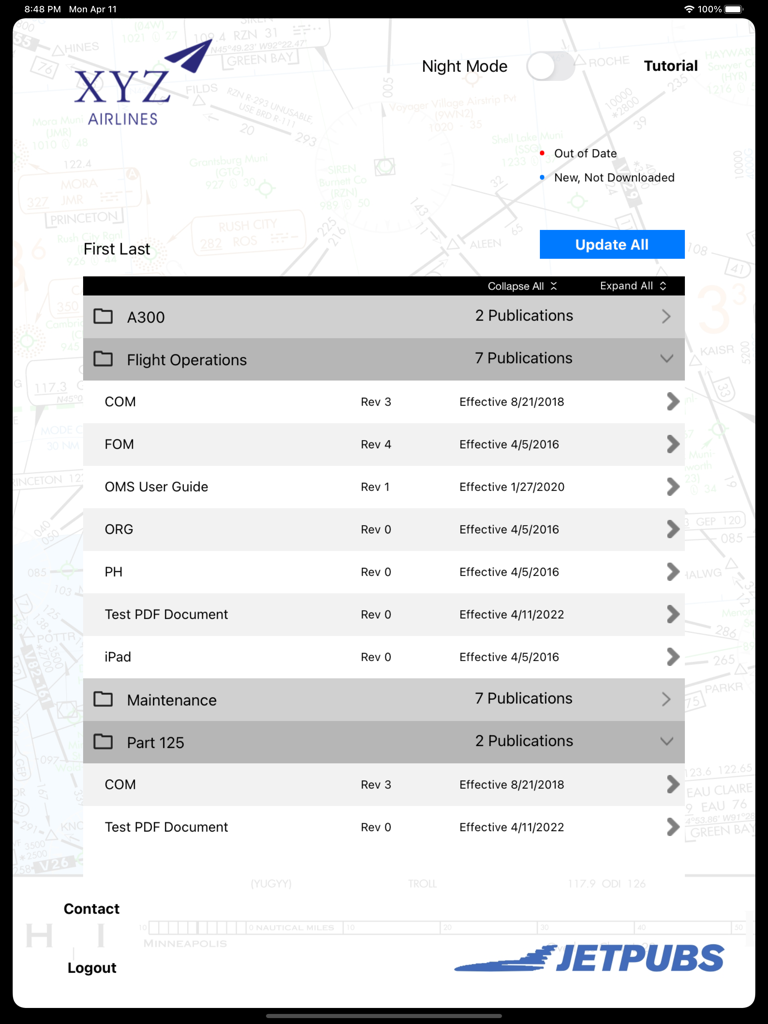 JETPUBS - JETPUBS app dashboard displaying aviation manuals and revision status for flight operations and maintenance